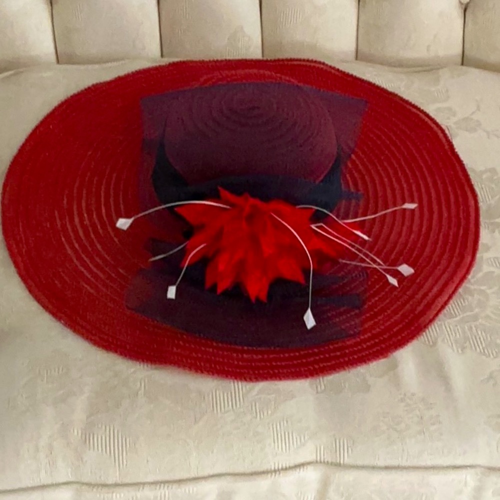 Anne Sawyer Red Wide-Brim Women's Derby Hat with Black Veil and Floral Accent